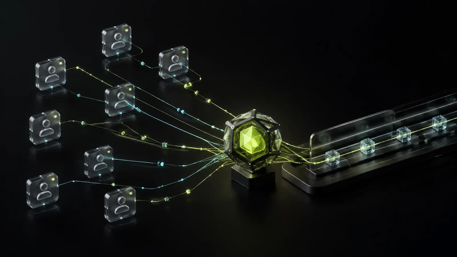 Identity signals converging through a verification core into a settlement rail
